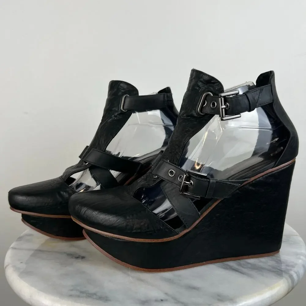 January, 6th Black Leather Buckle Platform Wedges Grunge Gothic Edgy (Sz 10)